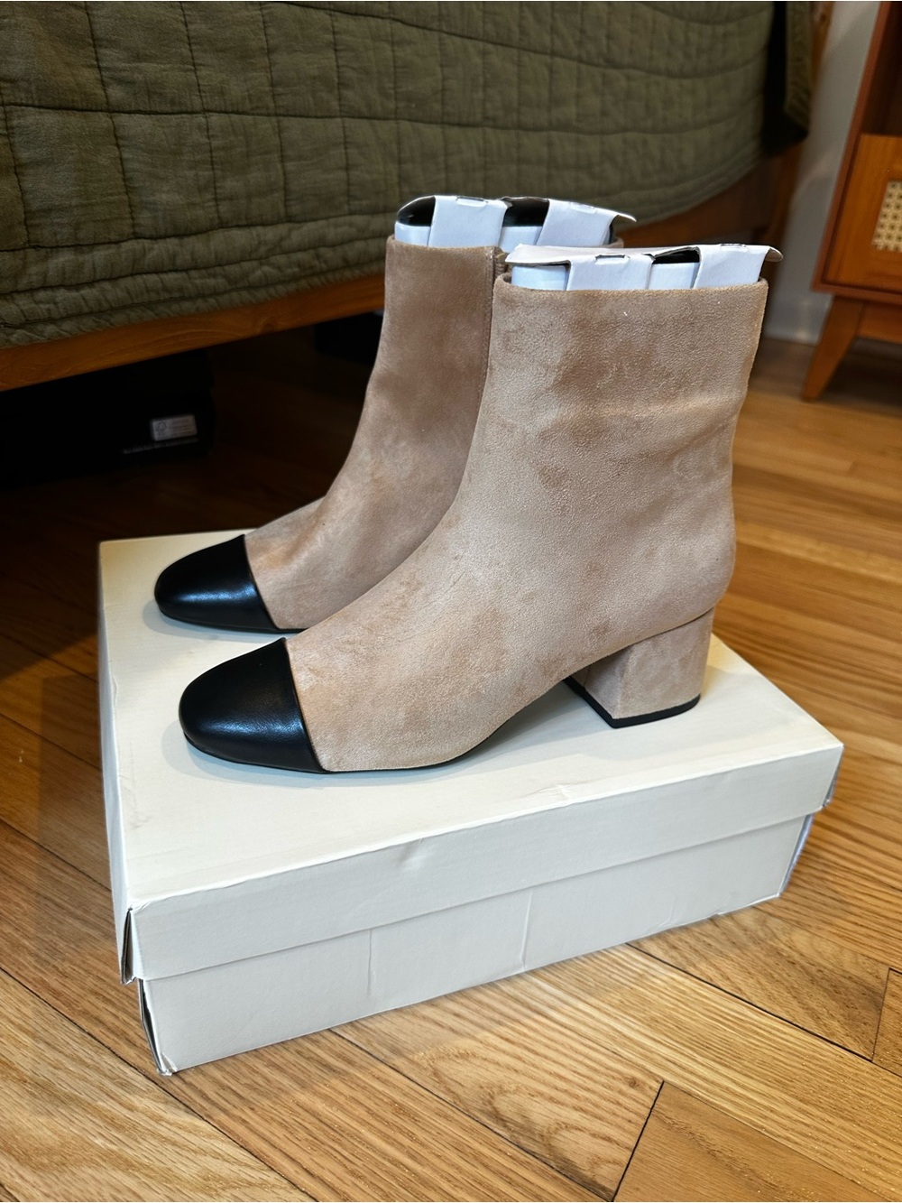 On 34th Janette Camel Beige Suede Ankle Boots with Black Cap Toe
